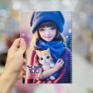 عکس دفتر 100 برگ سیبو طرح دختر شال و کلاه بنفش با گربه نارنجی کد A 26 - شماره 6