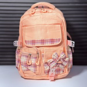 عکس کوله پشتی طرح چهارخونه پاپیون دار رنگ صورتی - شماره 5