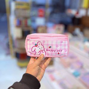 عکس جامدادی وارداتی دوزیپ برزنتی طرح خرگوش HAPPY DAY رنگ صورتی - شماره 12